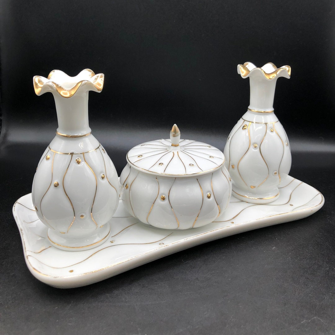 Vintage Porcelain Vanity Tray With Trinket Dish and Matching Vanity