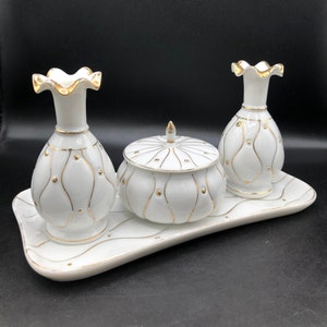 Vintage Porcelain Vanity Tray with Trinket Dish and Matching Vanity Bottles, c. 1950&#39;s