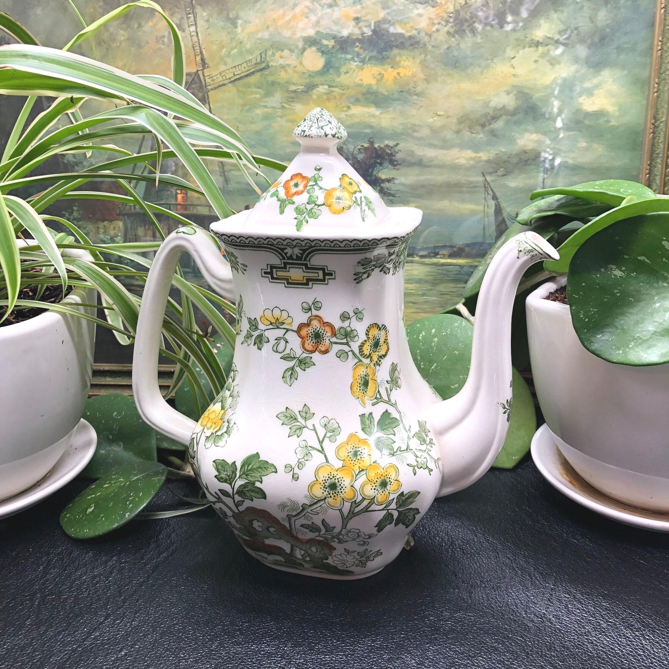 Vintage Mason's English Ironstone, "Manchu" in Green-Multi-Color, Coffee Pot with Matching Lid, c. 1920's