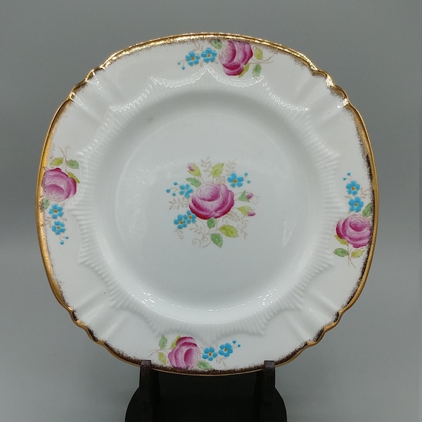 Queen Anne, England - Vintage Bone China Serving Plate, Hand Painted Pink Rose with Tiny Blue Flowers, Beautiful Colors, c. 1930's - 1940's