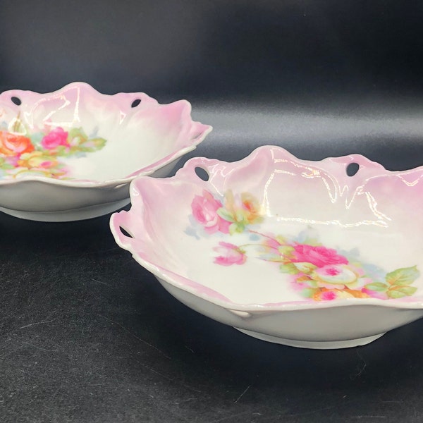 Pair of German Porcelain Bowls with Roses and Scalloped, Reticulated Edges, Beautiful!, c. early to mid 1900's