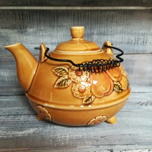 Vintage Japanese Pottery Tea Pot: Embossed Fruit Floral Design