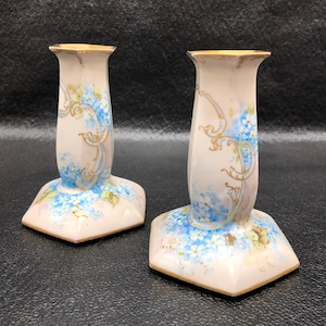 Vintage/Antique Limoges Forget Me Not Taper Candlestick Holders Guilded Tops and Accents- , c. 1905