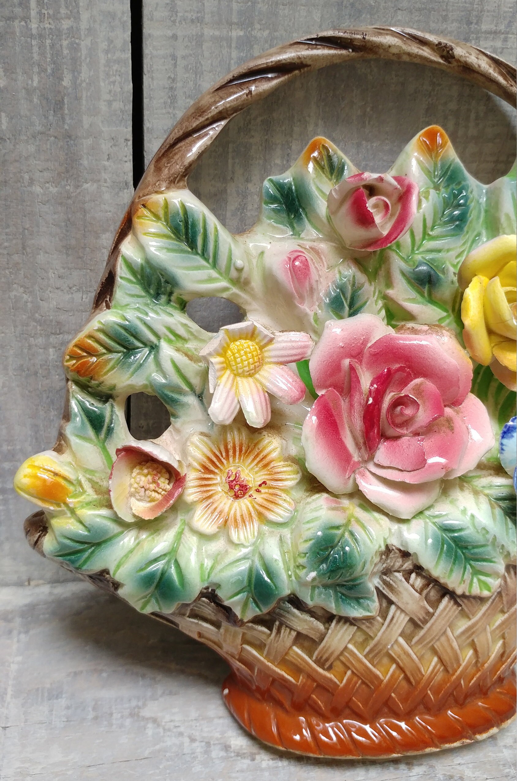 Vintage Porcelain/Ceramic Flowers in a Basket Wall Etsy