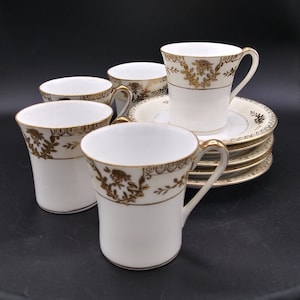 Vintage Noritake Hot Chocolate Cups & Saucers: Hand Painted Gold Encrusted Flowers, 1920s