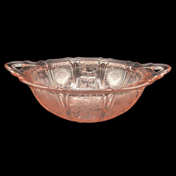 Vintage Pink Depression Glass Jeannette Cherry Blossom Two Handled Serving Bowl, c. 1930's