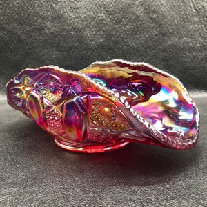 Vintage L.E. Smith Ruby Red Carnival Glass Banana Bowl: Quintec Pattern, 1970s