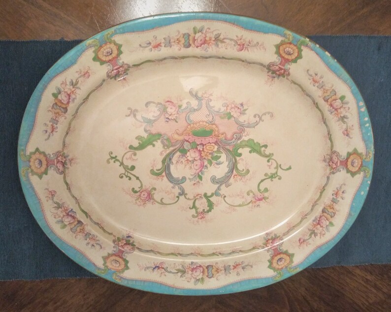 Beautiful Cauldon England Large Antique Platter, Turquoise Edges Beautiful shops Design, c. 1800's