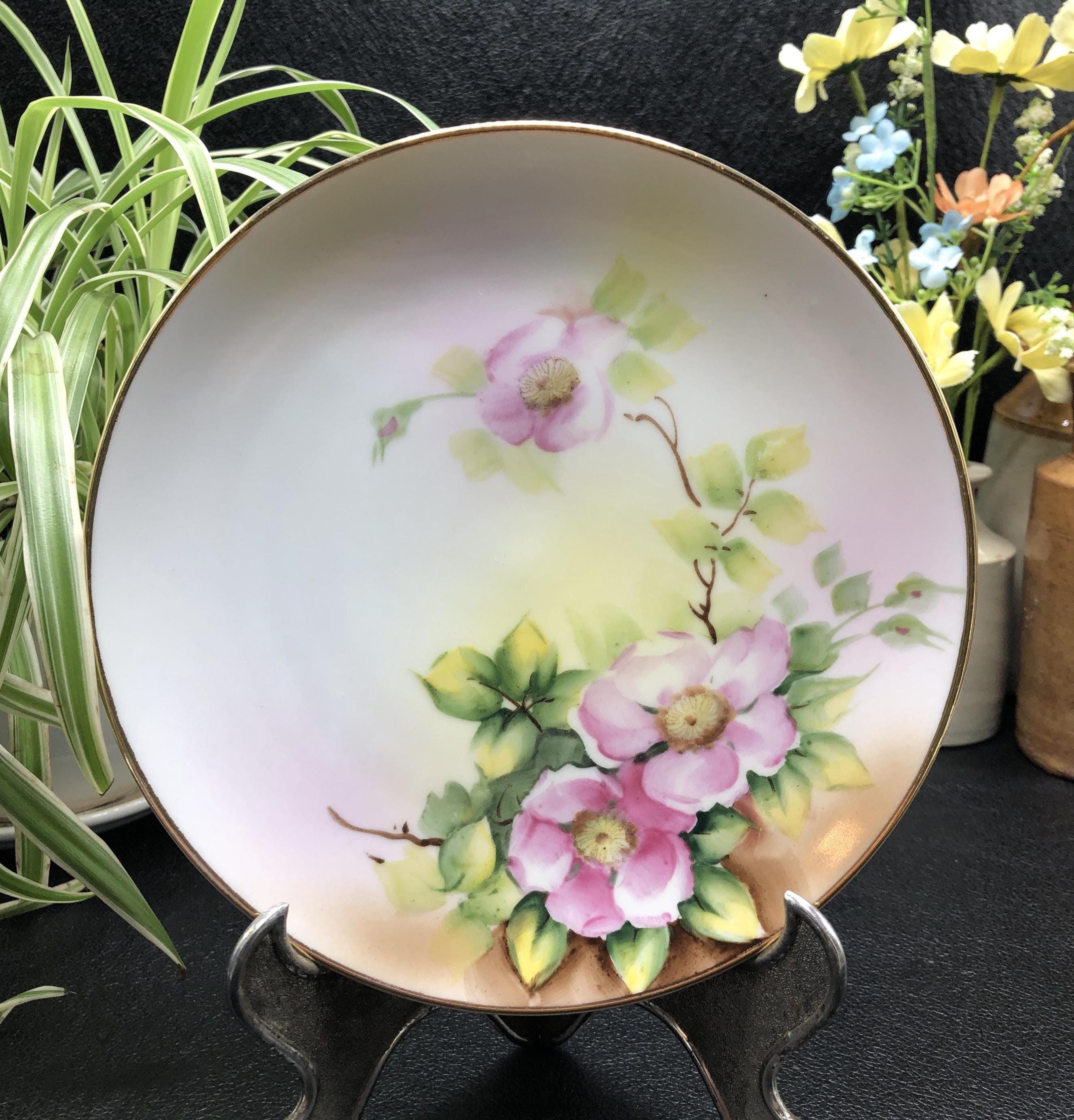 Antique Nippon Wild Rose Plate: Hand-painted Gold Trim, C. 1900s