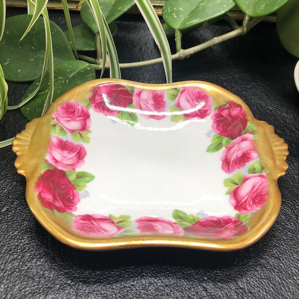 Vintage Square Serving/Trinket Dish by Royal Albert, Old English Rose, Heavily Gilded Handles & Edges, c. 1960's - 1970's