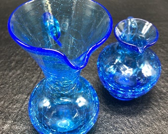 Vintage Blue Crackle Glass Pitcher: Hand Blown Vase, c. 1940s