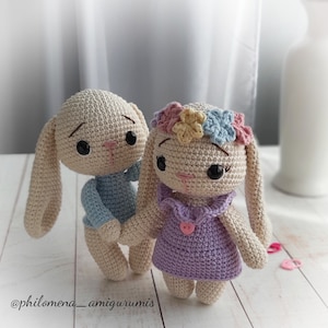 May include: Two crocheted bunny plushies, one wearing a blue sweater and the other wearing a purple dress with a flower crown. The bunnies have black eyes and brown noses.