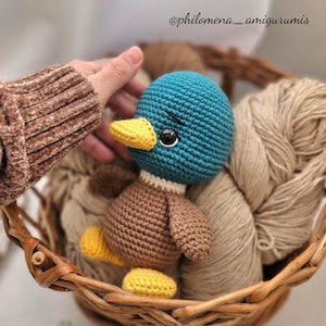 Può includere: Un amigurumi di anatra fatto a mano all'uncinetto con testa turchese, corpo marrone e becco e piedi gialli. L'anatra è in un cestino di vimini con filato beige. Il testo "@philomena_amigurumis" è visibile.