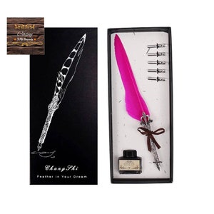 Hot pink Wedding invitation feather pen, quill pen-ink pen, Quill pen gift set, Quill pen box set