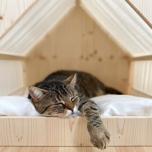 Cat house, wood and cotton fabric, cat cave, cat furniture, modern and sustainable image 1