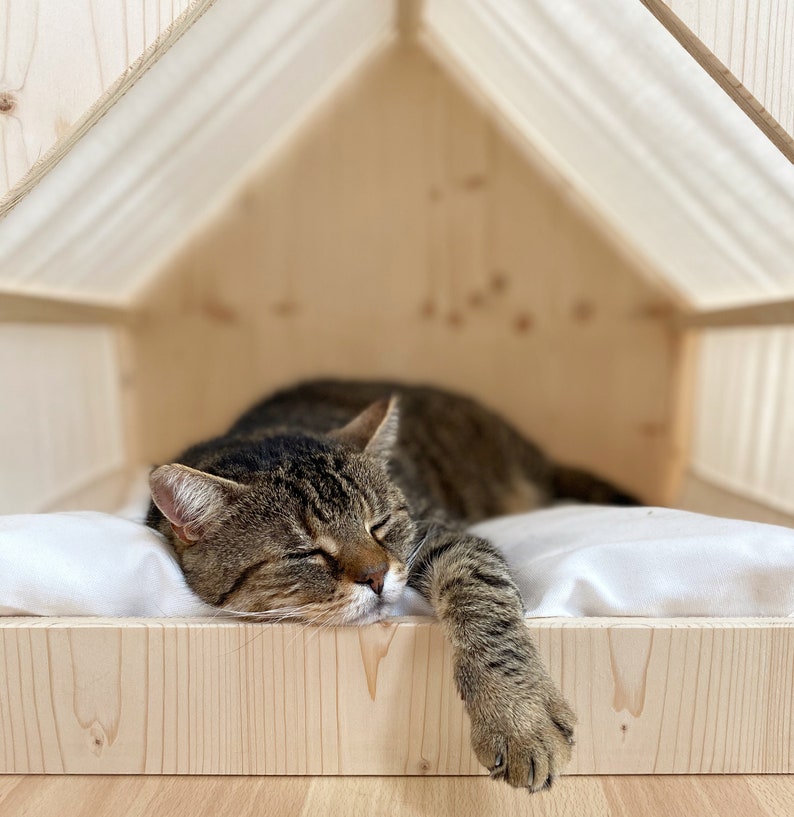 Cat house, wood and cotton fabric, cat cave, cat furniture, modern and sustainable image 1