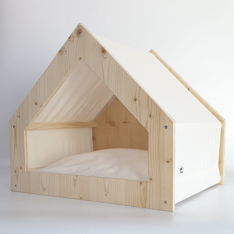 Cat house, wood and cotton fabric, cat cave, cat furniture, modern and sustainable image 2