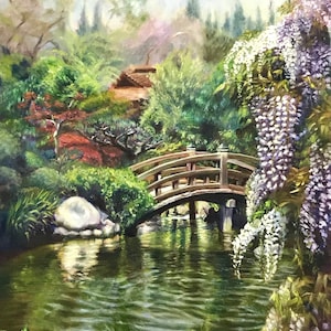 May include: Oil painting of a Japanese garden scene. A wooden arched bridge spans a pond with reflections of the surrounding trees and foliage. White wisteria cascades down from the right, adding a touch of color to the serene landscape.