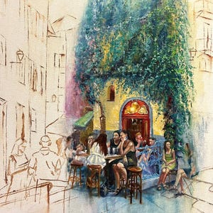 Stories gathering on the street corner　- 　oil painting by Harumi Kiyota