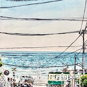 Il luogo sacro di Kamakura - Acquerello di Kyoji Madaraki