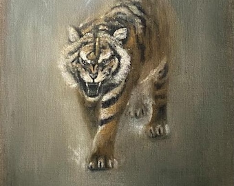 May include: An oil painting of a tiger, rendered in shades of brown, black, and white, with a menacing expression. The tiger is depicted mid-stride, its mouth open, and its gaze directed forward. The background is a muted gray.
