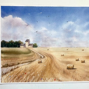 Acquerello—Normandia—Tra cielo e grano—Originale—Campi di grano—Normandia – Campi di grano—Acquerello originale