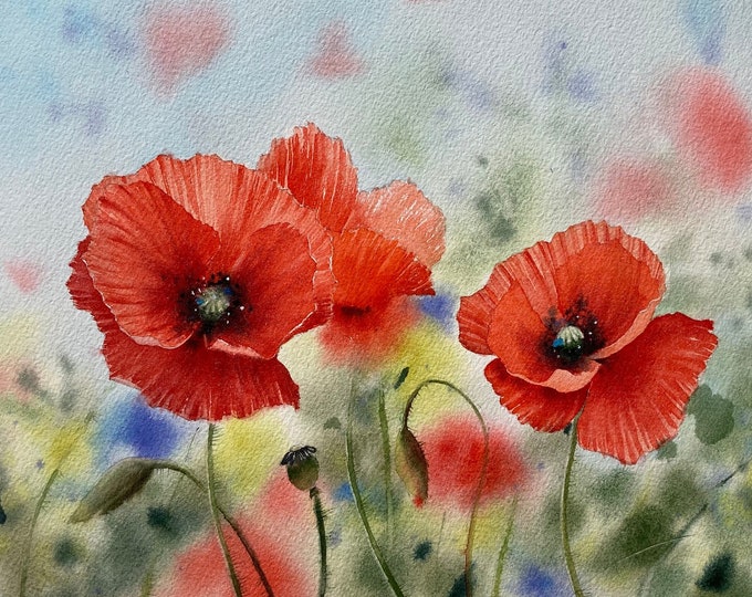 Din A4 Kunstdruck Mohnblumen – Aquarell Poster Ungerahmt, Auf Premium-Fotopapier