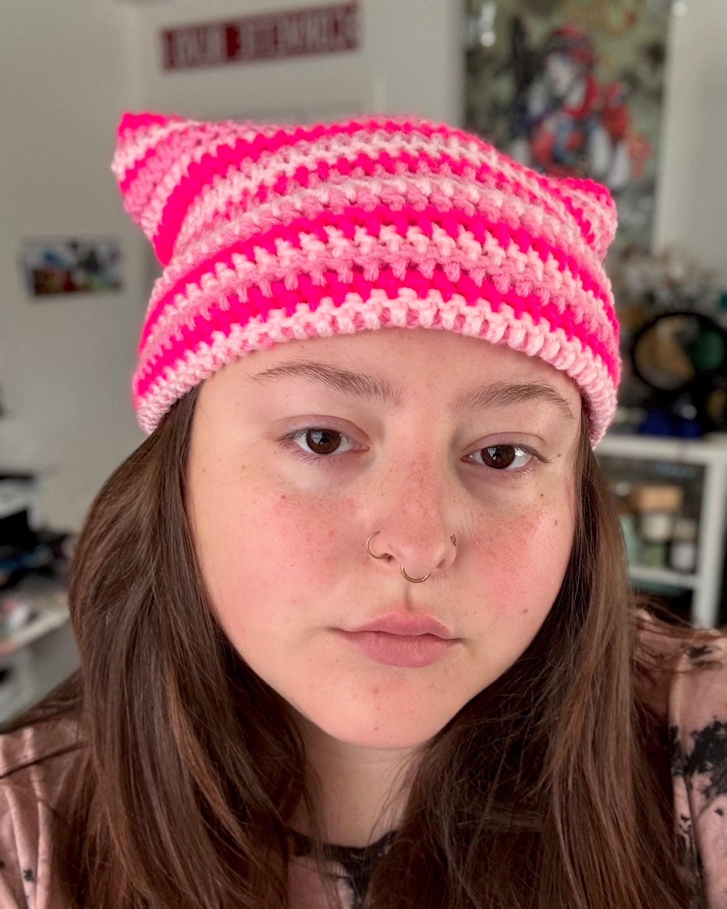 Pink Striped Crochet Cat Ear Beanie, Crocheted Kitty Ear Hat  display picture 2