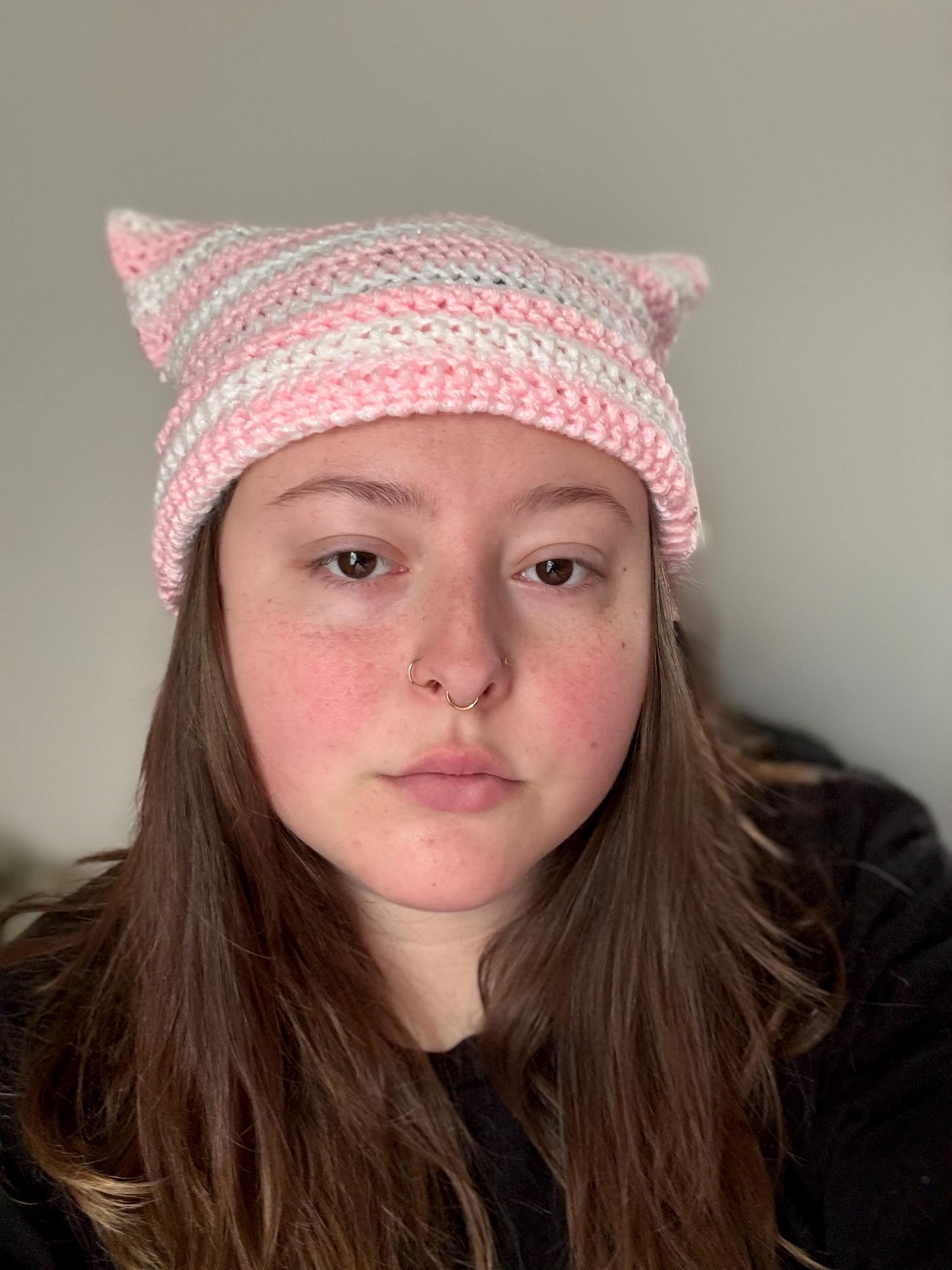 Pink Striped Crochet Cat Ear Beanie, Crocheted Kitty Ear Hat  display picture 3