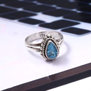 Natural Blue Topaz Ring – Pear Gemstone in 925 Solid Sterling Silver, Handmade Boho Ring, Gift for Love, November Birthstone