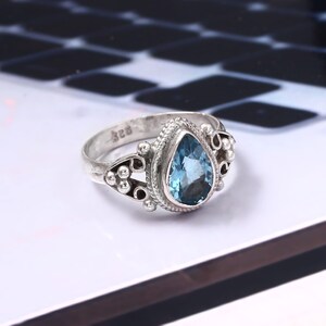 Blue Topaz Wedding Ring – Pear Shape Gemstone in 925 Sterling Silver, Handmade Boho Indian Ring