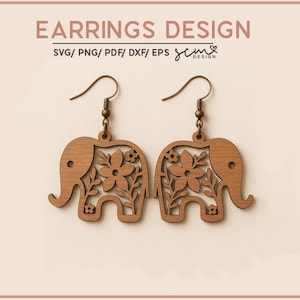 Könnte beinhalten: Holzohrringe in Form von Elefanten mit floralen Ausschnitten. Die Ohrringe haben einen Hakenverschluss und werden vor einem hellen Hintergrund präsentiert. Der Text "EARRINGS DESIGN" steht oben.