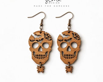 Pendientes colgantes de calavera SVG: Archivo de joyería de Halloween para corte láser (descarga digital)