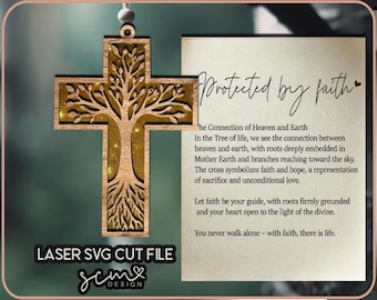 May include: A wooden cross with a tree of life design, surrounded by a sparkling effect. The cross is a laser cut SVG file and the text "protected by faith" is written on a card next to it. The card also includes a message about the connection of heaven and earth, faith, and hope.