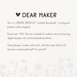 K&ouml;nnte beinhalten: Eine digitale Produktinformationsgrafik mit dem Text DEAR MAKER und einem Herzsymbol. Der Text erkl&auml;rt, dass es sich um Laser-SVG-Dateien f&uuml;r Hersteller handelt. Der untere Rand zeigt eine hellgraue Strichzeichnung von verschiedenen Blumen.