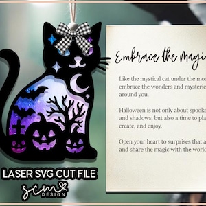 May include: Black cat-shaped Halloween decoration with a checkered bow, stars, and a crescent moon. The cat's interior features a purple and blue galaxy design with bats, pumpkins, and a tree. Text on the image says "Embrace the Magic."