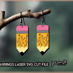 Brincos de lápis, brincos de professor a laser svg, arquivo digital a laser, arquivo de corte Pencil Glowforge, arquivo de brinco em camadas, brinco de professor svg