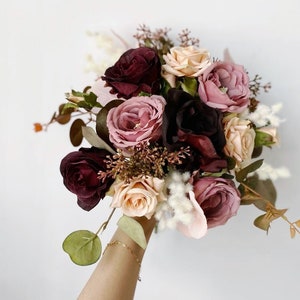 Dusty rose, burgundy and champagne bouquet, Fall rustic wedding bridal and bridesmaid bouquet, Artifical rose and eucalyptus wedding bouquet