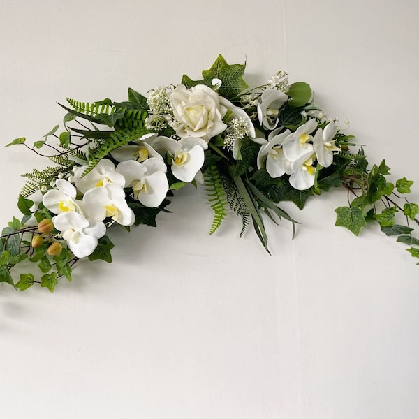 Rose & Orchidée et Ivy Swag, Butterfly Orchid Wedding Fake Flower Decor, White Green Wedding Flowers, Front Door Swag, Orchid Hanging Flowers