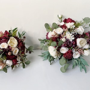 Burgundy & White Wedding Flower Package, Fall Wedding Rose and Eucalyptus Bridal and Bridesmaids Bouquets, Boho Wedding Silk Flowers