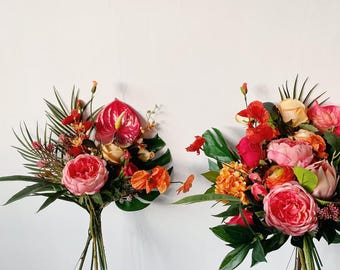 Tropical Wedding Bouquets with Bright Colors, Summer Wedding Bridal Bridesmaid Bouquets, Tropical Theme Wedding Flowers, Protea Bouquets