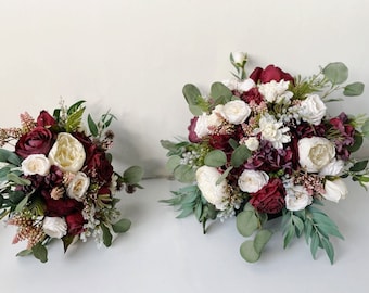 Burgundy & White Wedding Flower Package, Fall Wedding Rose and Eucalyptus Bridal and Bridesmaids Bouquets, Boho Wedding Silk Flowers