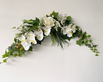 Rose & Orchid and Ivy Swag, Butterfly Orchid Wedding Fake Flower Decor, White Green Wedding Flowers, Front Door Swag, Orchid Hanging Flowers