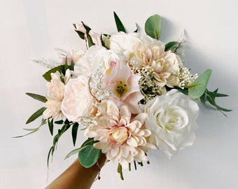 Blush Pink & White Wedding Bouquet, Spring/Summer Wedding Bouquet, Rose and Dahlia Bouquet, Silk Flower Bridesmaid Bouquet, Bridal Bouquet