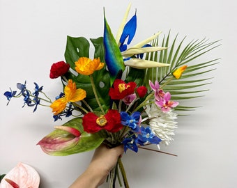 Tropical beach wedding flowers, Tropical island flowers, Blue and white Tropical bridal bouquet and bridesmaid bouquet, Tropical silk flower