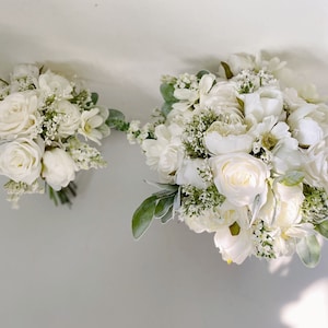 White Rose & Peony Wedding Bouquet w Baby's Breath, White Flower n Lamb's Ear Bouquet, White Bridal n Bridesmaid Silk Flower Bouquet Wedding