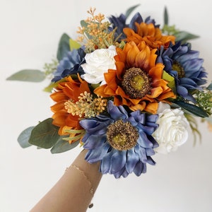 Burnt Orange White Navy Blue Fall Bouquet, Burnt Orange Navy Blue Wedding Bridal Flowers, Silk Flower Fall Bouquet, Sunflower Rose Wedding