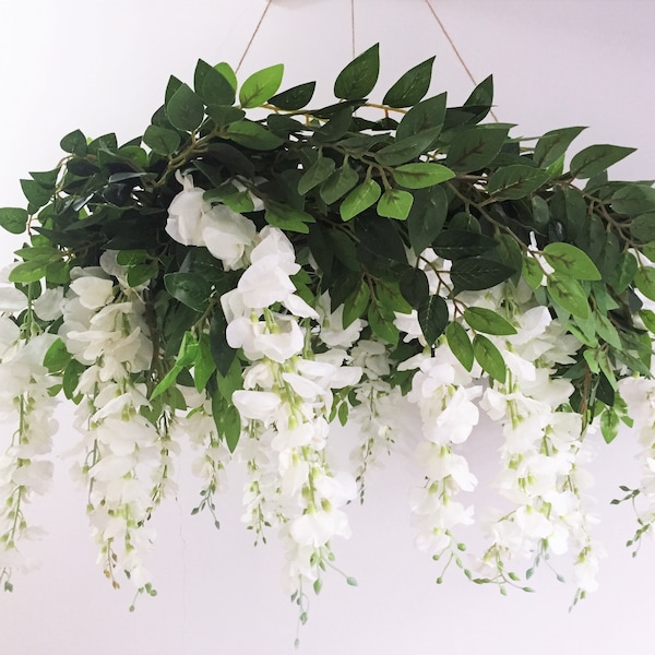 Lustre de fleur de glycine blanche, décor suspendu de plafond de glycine artificielle, glycine pour mariage, décorations de mariage de fleur de soie mobile