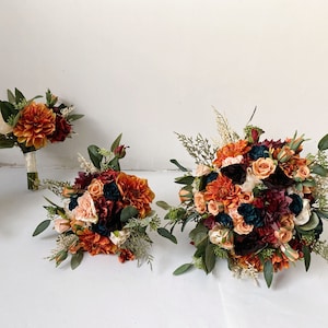 Fall Rose and Dahlia Wedding Bouquet, Spice Color Wedding Flower, Silk Flower Bridal & Bridesmaid Bouquet, Teal Burgundy Orange Rust Bouquet