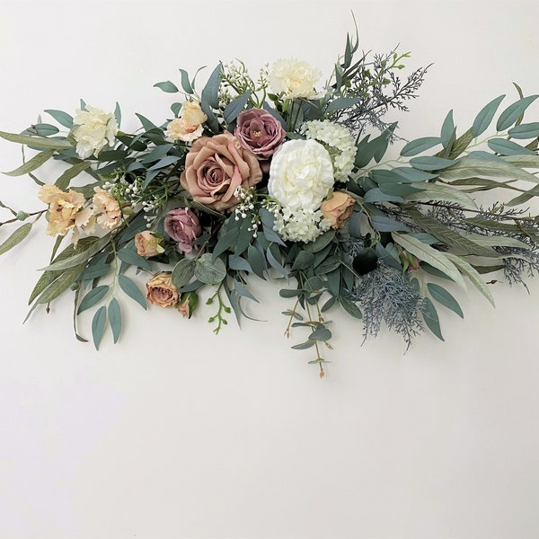 Rust Red & Mauve Rose with Eucalyptus Swag for Front Door/Wedding Arch/Arbor/Archway/Wall Decor, Silk Flower Swag, Wedding Hanging Flowers